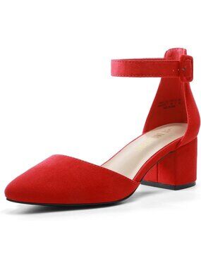 Women's Red Suede ANNEE Closed Toe Low Chunky Block Heel Ankle Strap Pumps Shoes